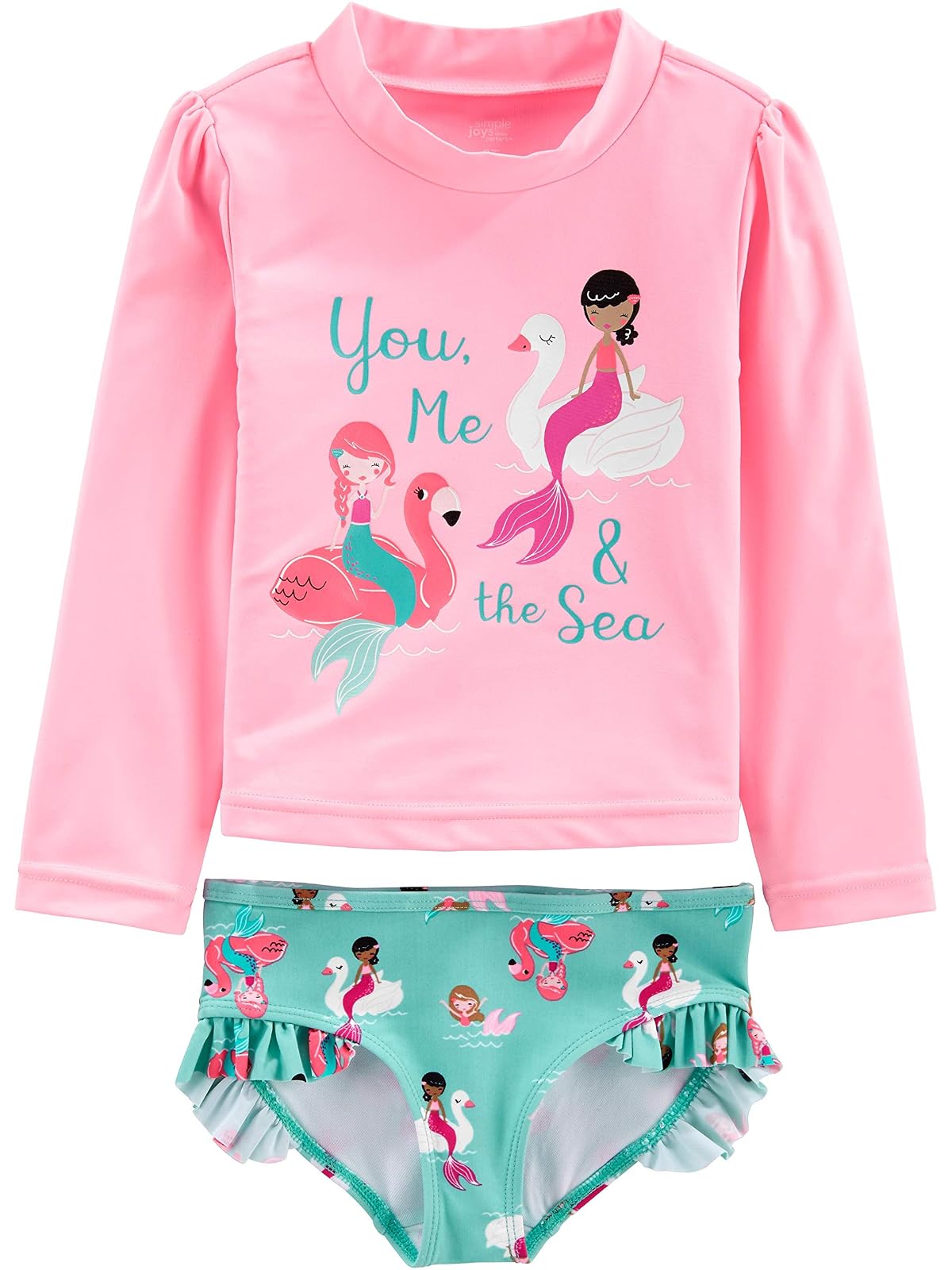 Simple Joys by Carter's Toddlers and Baby Girls' 2-Piece Assorted Rashguard Sets - 6-9 Meses - Cisne verde aguamarina - sirena rosa