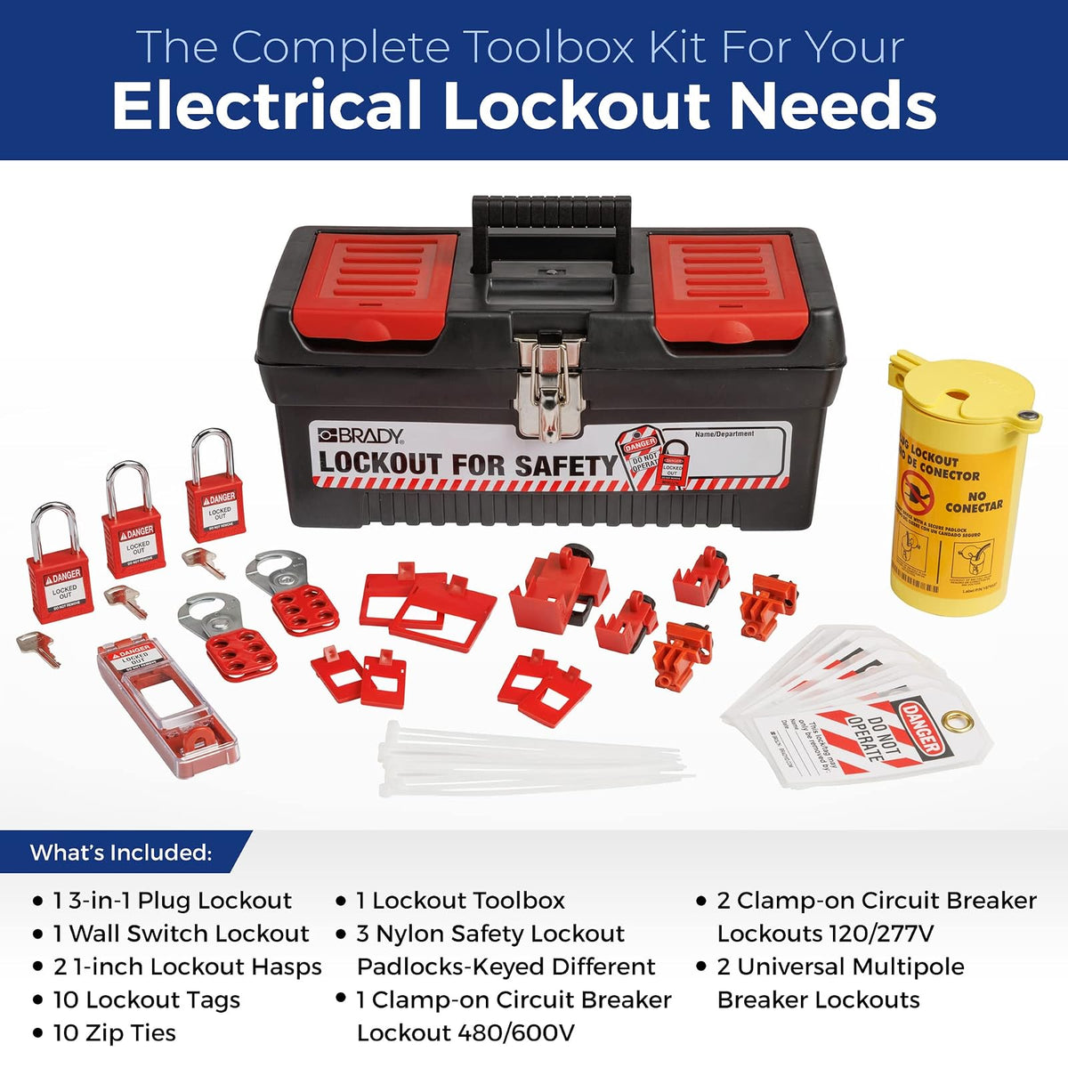 Brady Kit de Bloqueo Eléctrico LOTO - Hasps, Candados Multipolo, Etiquetas, Cable y Candados de Seguridad Roja