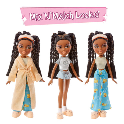 Bratz Muñeca Sasha Slumber Party - Incluye 2 Conjuntos de Pijamas para Combinar como Tu Quieras, Su Estilo Único de Cabello Negro con Reflejos Marrones en Coletas y Maquillaje Tono Durazno.