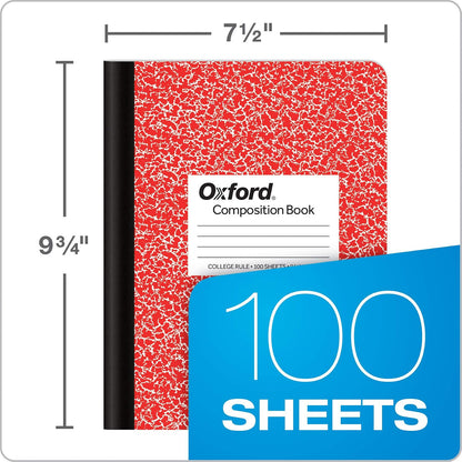 Oxford Composition - Cuaderno de 6 unidades, papel rayado universitario, 9-3/4 x 7-1/2 pulgadas, 100 hojas, cubiertas de mármol surtidas. 2 cada uno: azul, verde, rojo (63763)