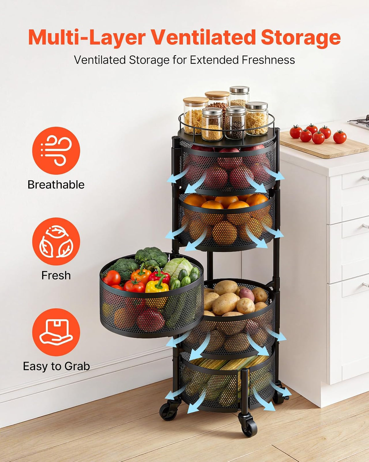 VEVOR Carro de Cocina de 5 Niveles, Carrito Auxiliar con Cestas de Alambre Giratorias para Frutas y Verduras, Carrito con Ruedas con Tapa Metálica, para Cocina, Baño, 340 x 315 x 942 mm, Negro