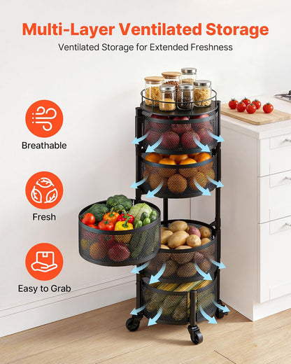 VEVOR Carro de Cocina de 5 Niveles, Carrito Auxiliar con Cestas de Alambre Giratorias para Frutas y Verduras, Carrito con Ruedas con Tapa Metálica, para Cocina, Baño, 340 x 315 x 942 mm, Negro
