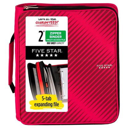 Five Star Carpeta de Tela con Cierre de 2" de 3 Argollas, Archivo Expandible y Organizador, Capacidad 380/880 Hojas. Rojo-Negro. 72538