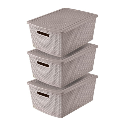 Guateplast Set de 3 Cestas de Almacenamiento Apilables 22 L, Diseño Ratán - Beige