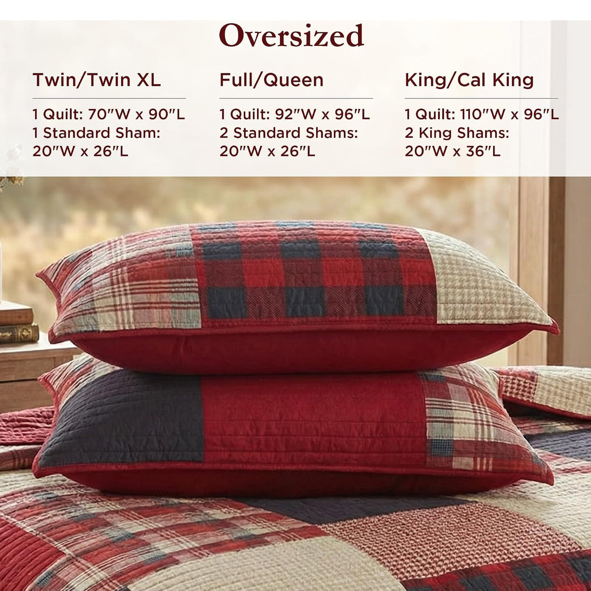 Woolrich WR14-1730 Coverlet Mini Set, Red | Rojo, Oversized Full/Queen, Incluye 1 colcha y 2 fundas, Reversible