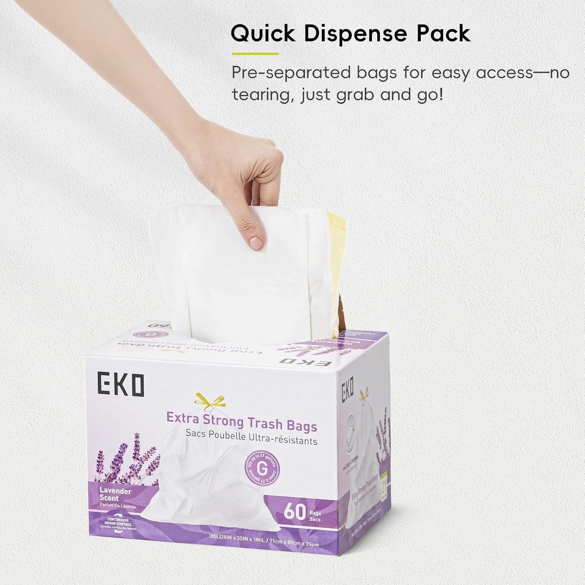 EKO - Bolsas de basura de 21 galones, 50-90 litros, 60 unidades con cordón, bolsas de basura extra fuertes, aroma a lavanda con control continuo de olor, rollo de fácil dispensación para cocina y uso
