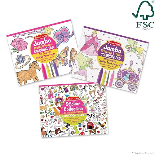 Melissa & Doug: Colección de Autoadhesivos y Libros de Colorear: Princesas, Hadas, Animales y Más (100 Hojas, 11 x 14 Pulgadas, Rosa y Púrpura)