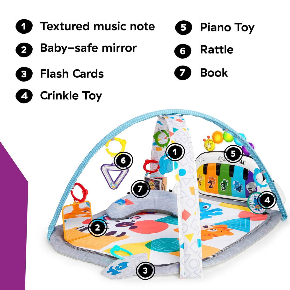 Baby Einstein Kickin’ Tunes - Gimnasio de Actividades 4 en 1 para bebé, con música y Luces, Dos Barras de Juguetes, Piano de Juguete para Aprender español, inglés, francés y alemán (Azul)