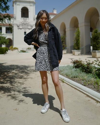 The Drop Minivestido Para Mujer, de Cintura Fruncida, Negro con Estampado Floral, por @spreadfashion