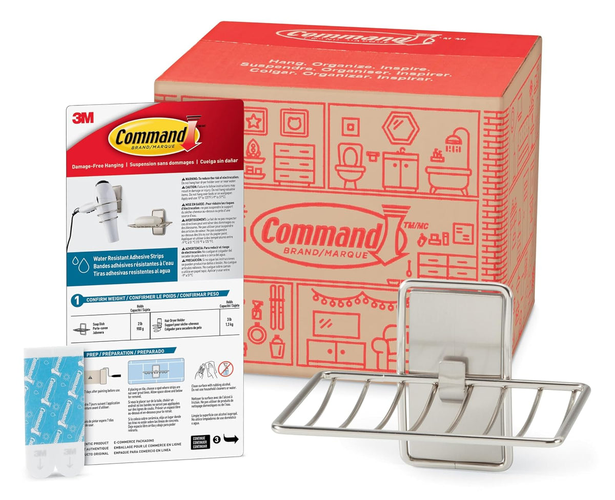 Command - Jabonera para Ducha, baño Colgante sin daños, Soporte para jabón sin Herramientas, 1 jabonera de níquel Satinado y 2 Tiras Resistentes al Agua