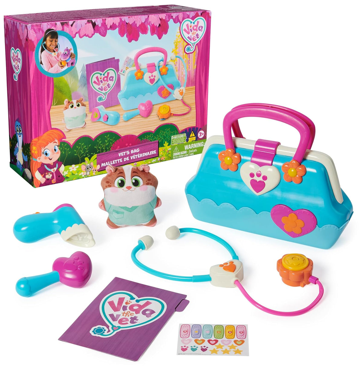 Vida The Vet, Bolsa de Veterinario con 5 Accesorios de Kit médico Veterinario, 1 Juguete de Peluche de Palomitas de maíz y Pegatinas, para Juego de Disfraces, Juguetes para niños para niñas y niños a