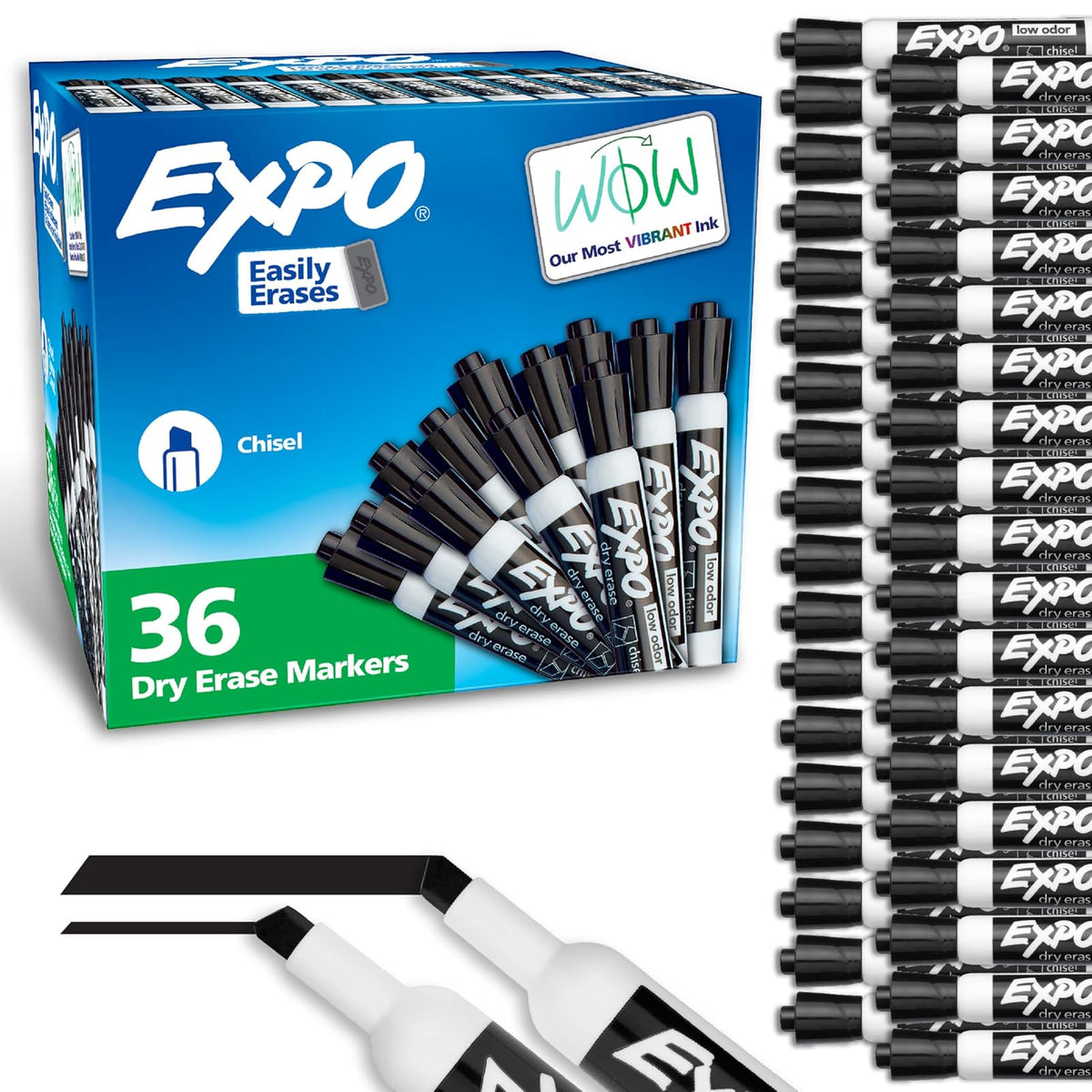 Expo Marcadores de borrado en seco con poco olor., Cincel, Negro, 36-Count