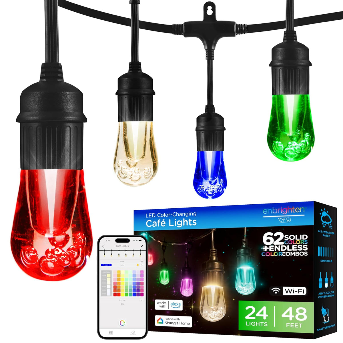 Enbrighten 57415 - Luces LED de café clásico inteligentes, Wi-Fi, 45 pies, multicolor/blanco, patio, terraza, porche, iluminación exterior, varias opciones de color, control inteligente, Bluetooth