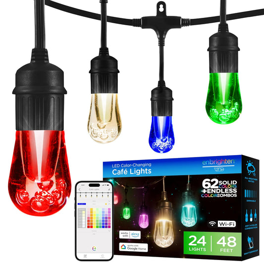 Enbrighten 57415 - Luces LED de café clásico inteligentes, Wi-Fi, 45 pies, multicolor/blanco, patio, terraza, porche, iluminación exterior, varias opciones de color, control inteligente, Bluetooth
