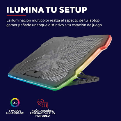 Trust Gaming GXTrust 1126 Aura Base de Refrigeración para Laptop Gamer de hasta 17.3” – Ventilador de 7.8", Modo Silencioso, Ángulos Ajustables, Iluminación Multicolor
