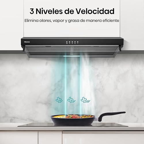 Hisense HUH701BS-Campana de Cocina,76cm, 3 Velocidades, Acero Inoxidable | Extracción, Nivel de Ruido, Recirculación, Iluminación LED, Diseño de Campana Telescópica, Filtro de Grasa Lavable