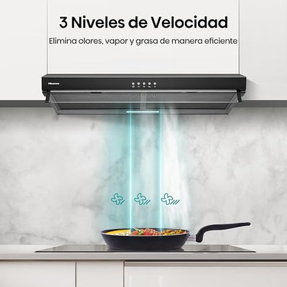 Hisense HUH701BS-Campana de Cocina,76cm, 3 Velocidades, Acero Inoxidable | Extracción, Nivel de Ruido, Recirculación, Iluminación LED, Diseño de Campana Telescópica, Filtro de Grasa Lavable