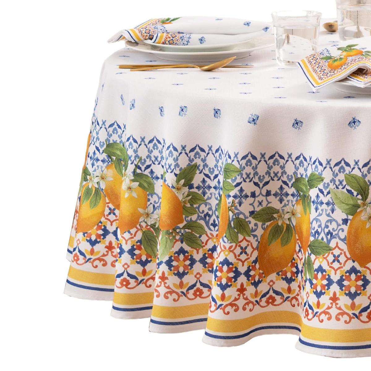Elrene Home Fashions - Mantel de Tela Capri de limón de Doble Borde mediterráneo de Primavera/Verano, Redondo, 70 x 70 Pulgadas