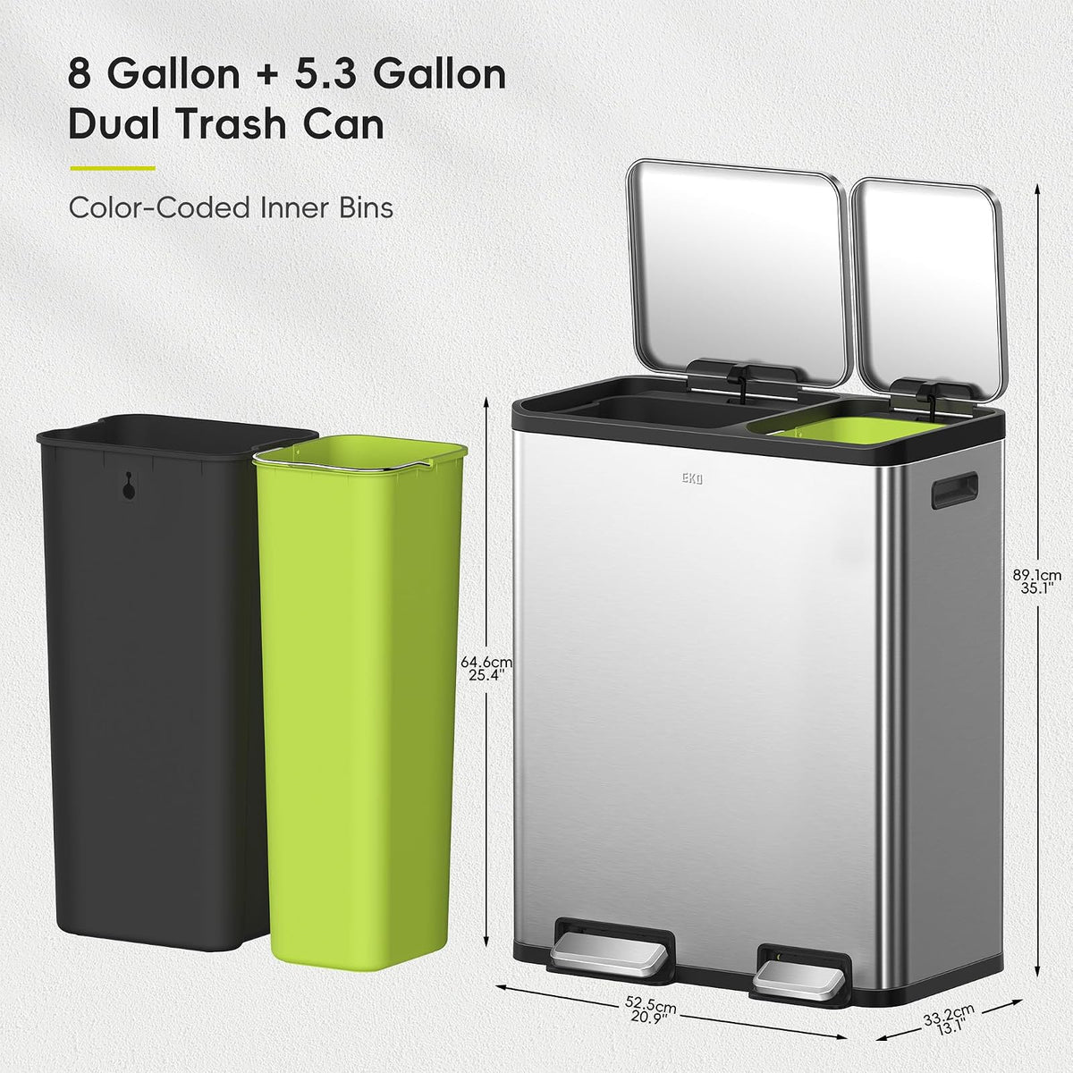 EKO EcoCasa - cubeta de basura de acero inoxidable de doble paso para reciclaje, cubeta de basura rectangular de cocina de 30 l+20 l, pedales y tapas independientes, cierre suave y resistente a las
