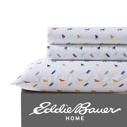 Eddie Bauer Kids - Sábanas Completas, Ropa de Cama Infantil Resistente a Las Manchas, para niños pequeños, diseño de Perros, Individual, Blanco