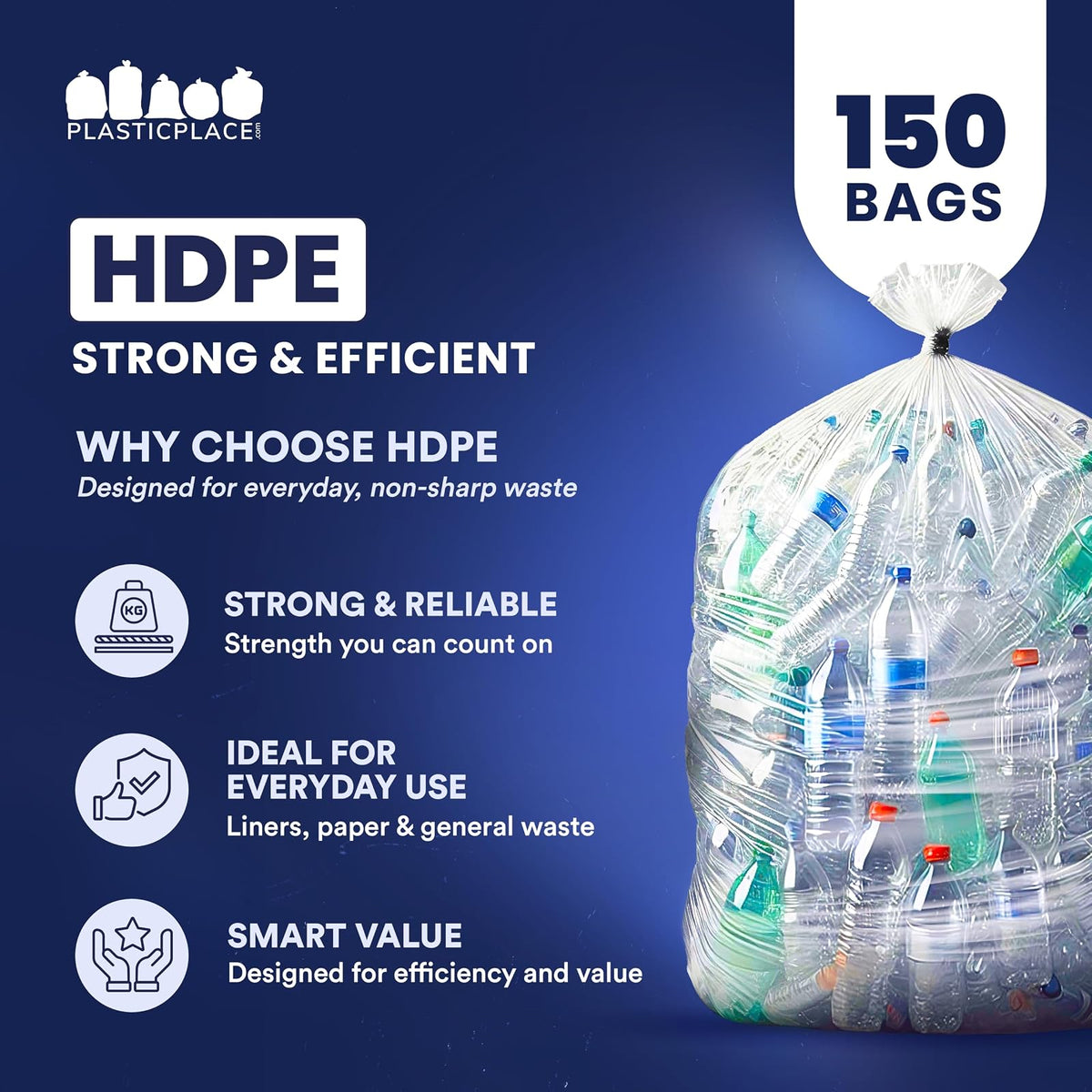 Plasticplace 55-60 gallon Trash Bags │ 22 Microns │ Clear High Density Garbage Can Liners │ 38” x 60” (150Count)