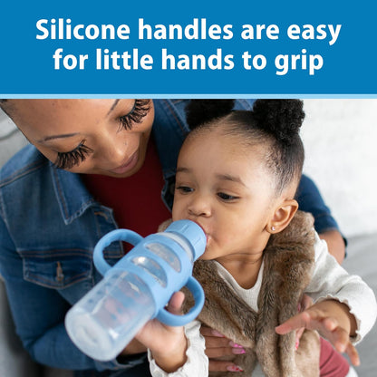 Dr. Brown's Milestones - Botella estrecha para beber con asas 100% de silicona, botella de fácil agarre con boquilla suave, 8 onzas/250 ml, última intervensión de BPA, azul claro, 6 m+