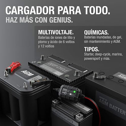NOCO GENIUS2: Cargador de batería Inteligente 6V/12V 2A – Mantenedor automático, Cargador Lento y desulfatador con protección contra sobrecarga y compensación térmica – para baterías Plomo y Litio