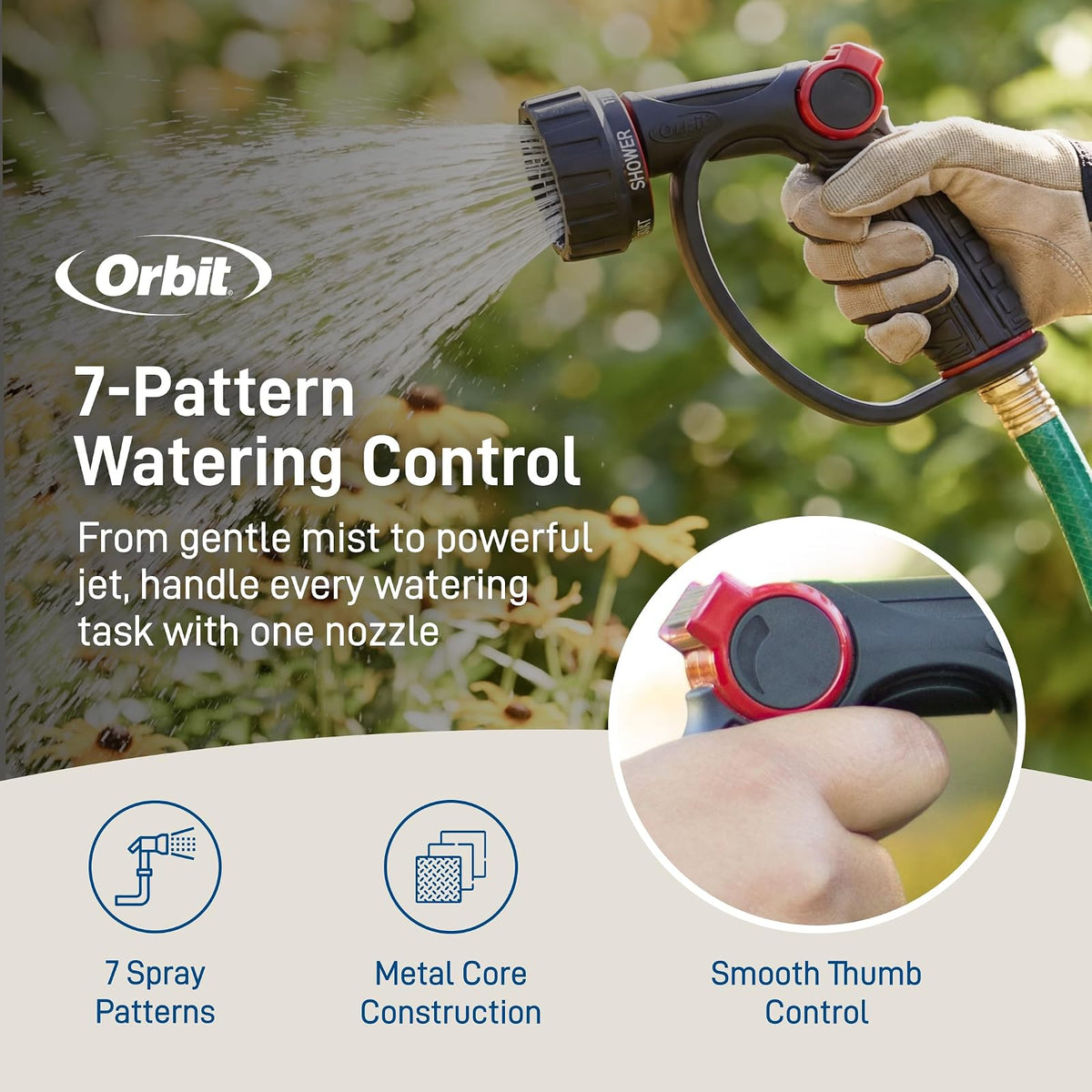 Orbit 58993 - Boquilla de riego de 7 Patrones con Control de Pulgar, Color Negro