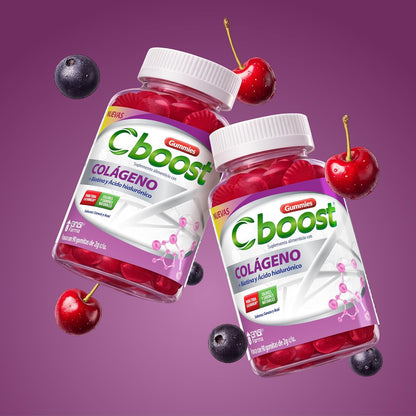 Cboost - Gomitas Colágeno, Biotina y Ácido Hialurónico, Cereza, 90 Piezas | Acaí, colores y sabores naturales, para toda la familia, 2g c/u, Grisi Farma