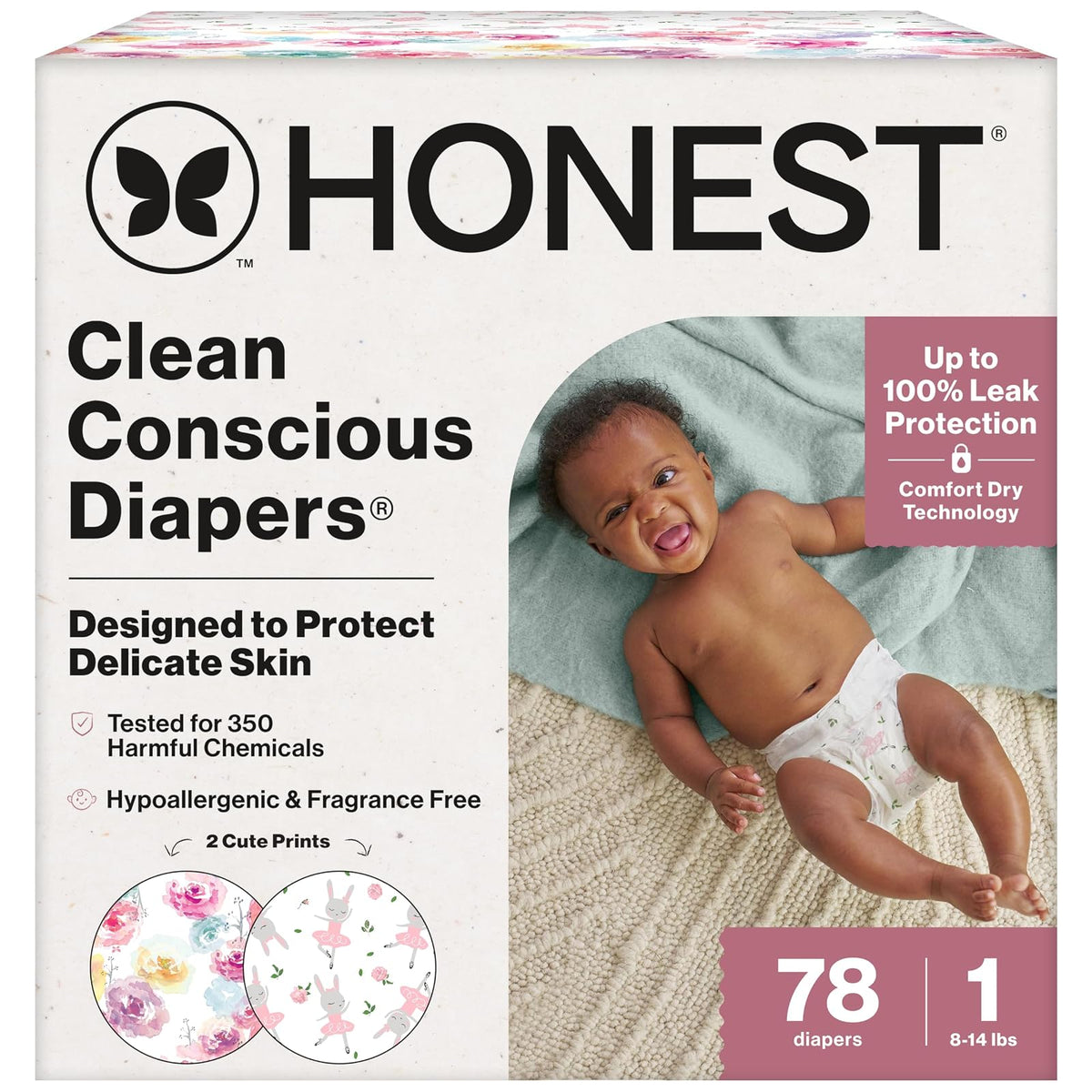 The Honest Company Pañales Clean Conscious, Hipoalergénicos, Sin Fragancia - Size 1 (78 Count) - Flor de Rosa + Tutú Lindo