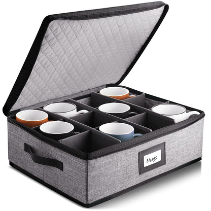 Organizador acolchado y apilable para tazas de café para servicio de 12, caja con separadores, contenedores de carcasa rígida para tazas de porcelana para almacenamiento para mudanza o estacional