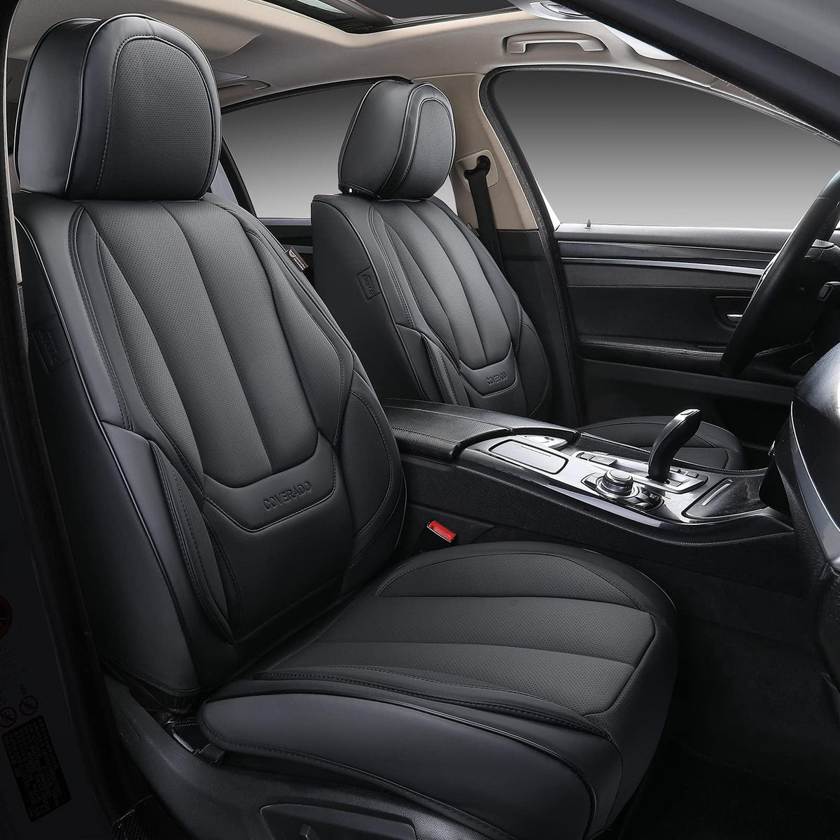 Coverado 8805PU Juego Completo de Fundas de Asiento de Automóvil de Piel Nappa Impermeable Delantero y Trasero, Negro