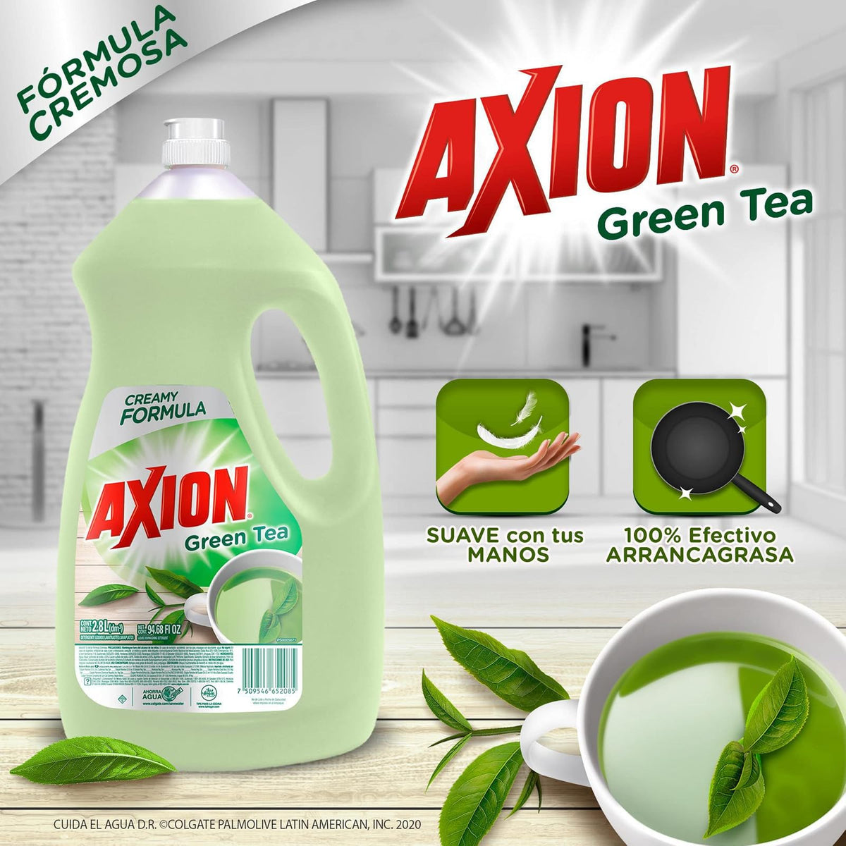 Axion Lavatrastes Líquido Cuidado de Manos Green Tea 2.8 Lt | Poderoso Arrancagrasa, Suave con tus Manos, Tu Aliado en el Cuidado de Manos con Colágeno, Suavidad que se Siente