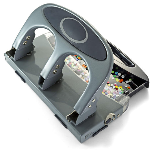 Officemate 90100 Deluxe 3-Hole Punch, Heavy Duty, with Chip Drawer, 45 Sheet Capacity, silver/navy
