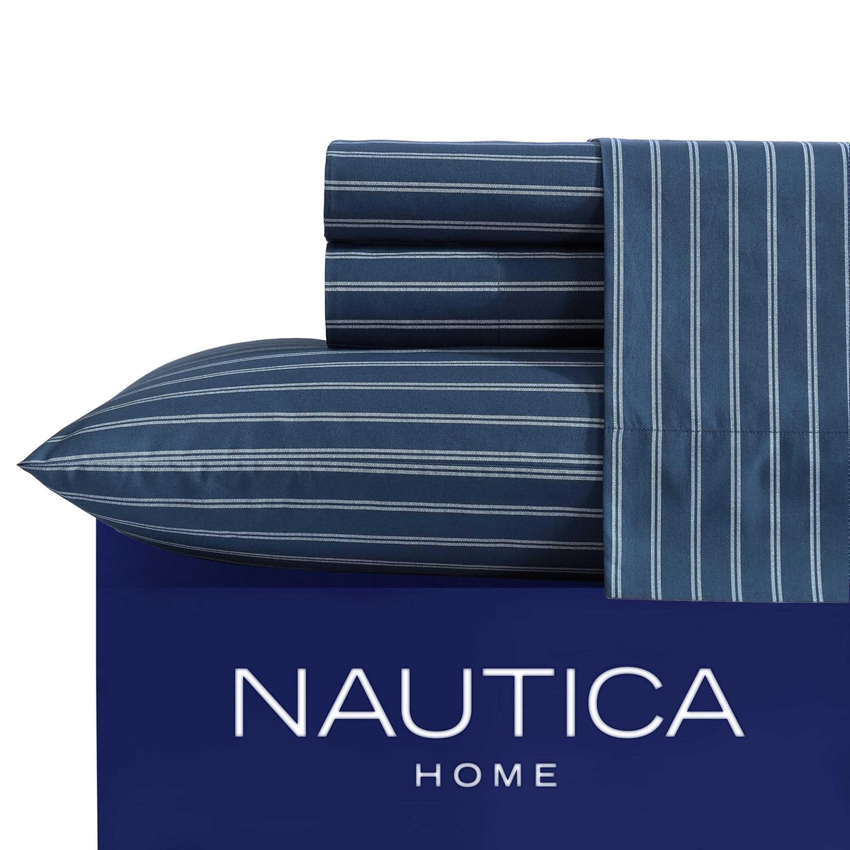 Nautica - Juego de sábanas de percal de algodón de Alta Calidad, Juego de Ropa de Cama a Rayas, Certificado Oeko-Tex, Color Azul Rayado, tamaño Individual XL
