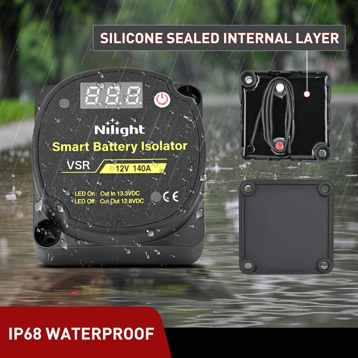 Nilight Aislador de Batería Dual 140 AMP 12V con Voltímetro Digital | IP66 impermeable VSR cuenta con una visualización LED en vivo, carga automática (13.3V/12.8V) y kit de hardware