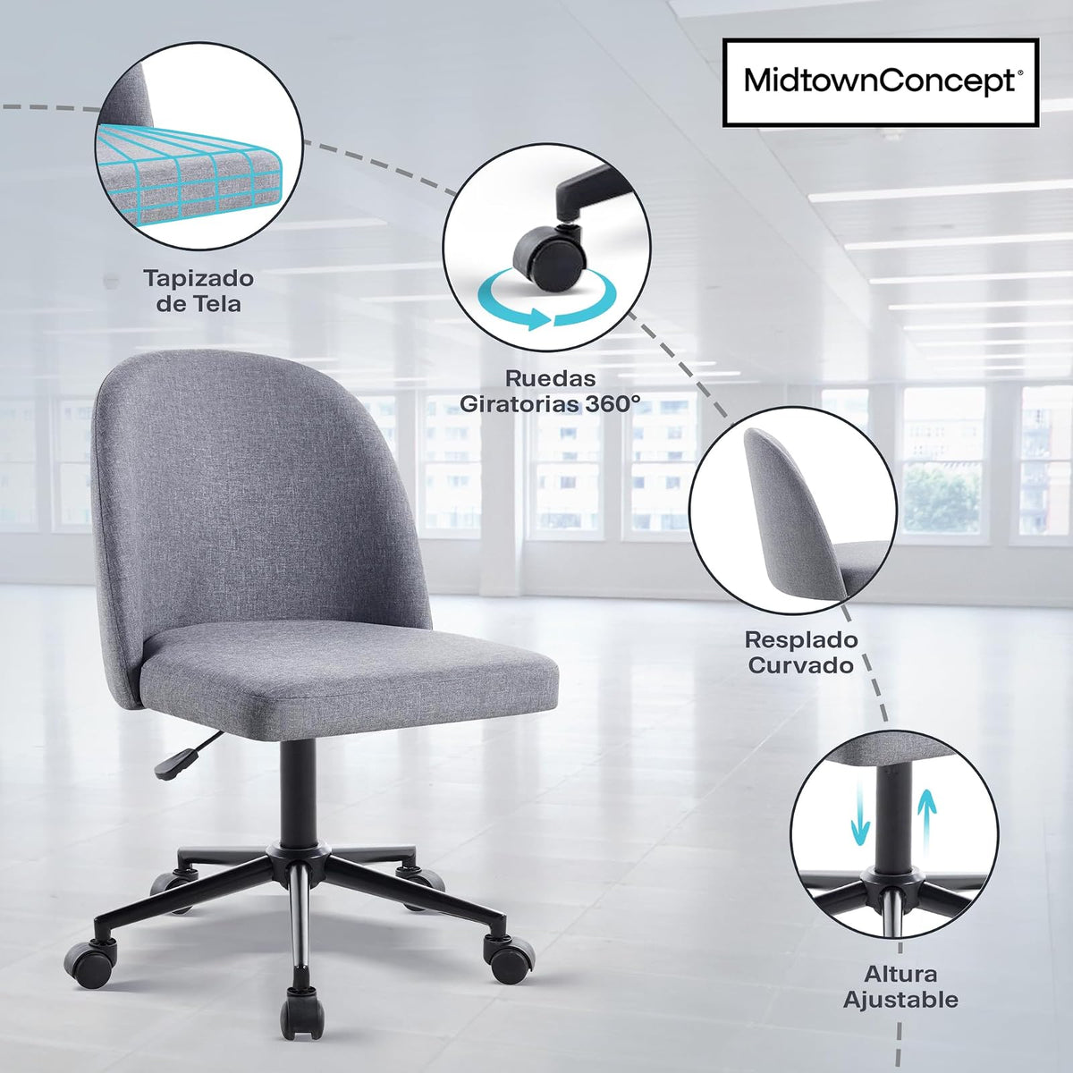 Silla de Oficina y Escritorio Ejecutiva, Ergonomica, con Tapizado de Tela Color Gris, con Ruedas