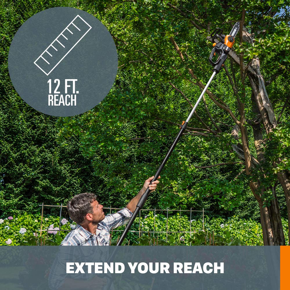 Worx WG323 20 V Power Share - Poste/sierra de cadena inalámbrica de 10 pulgadas con tensión automática (batería y cargador incluidos)