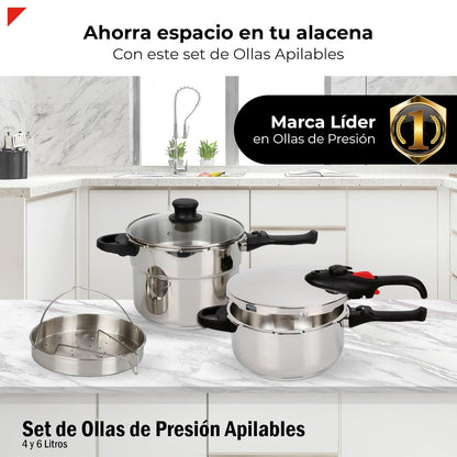 Bogner Set de ollas de presión fabricadas de acero inoxidable, Incluye 1 olla de 4 litros y otra de 6 litros, con accecorios (vaporera y tapa de cristal)