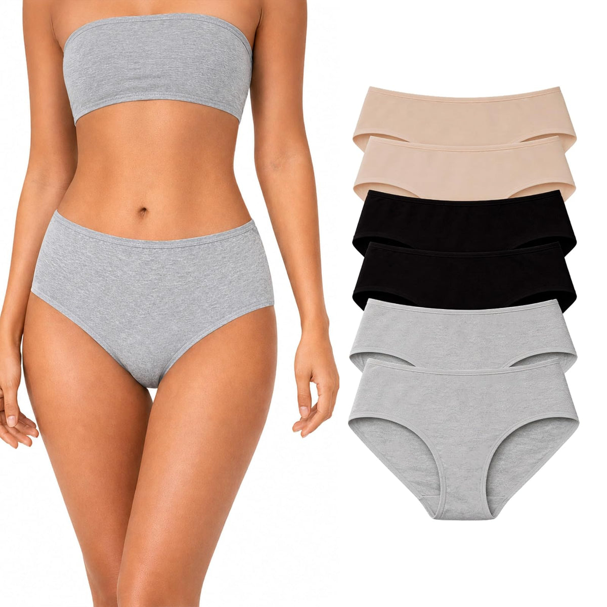 BODYcontrol Pantaletas de Algodón para Mujer - G - GRIS - NEGRO - NUDE - SET 6