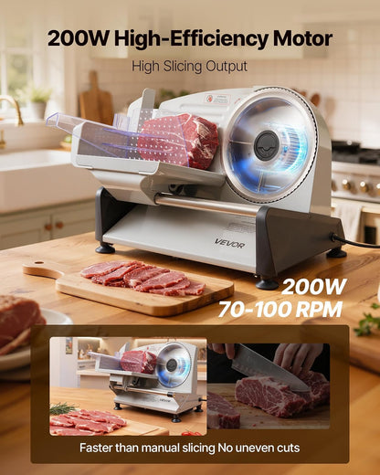 VEVOR Rebanadora de carne, cortadora eléctrica de fiambres de 7.5 pulgadas y 200 W con cuchilla SUS420, grosor ajustable de 0 a 0.6 pulgadas, con certificación ETL para carne, jamón, baguett y filete.