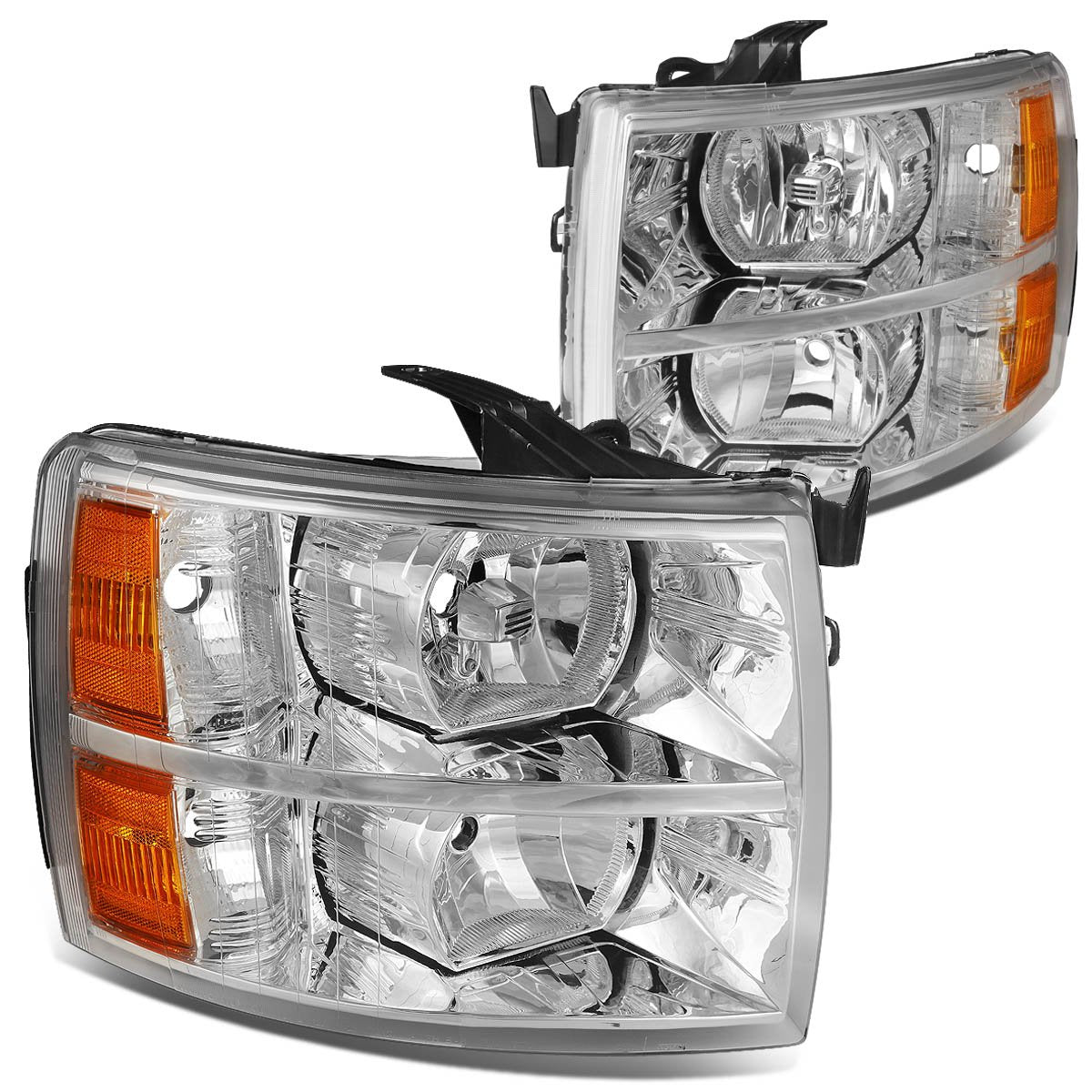 DNA Motoring Par de Faros Delanteros Cromados/Ámbar, HL-OH-CSIL07-CH-AM [compatible con Silverado 1500 07-14/2500 HD 3500]
