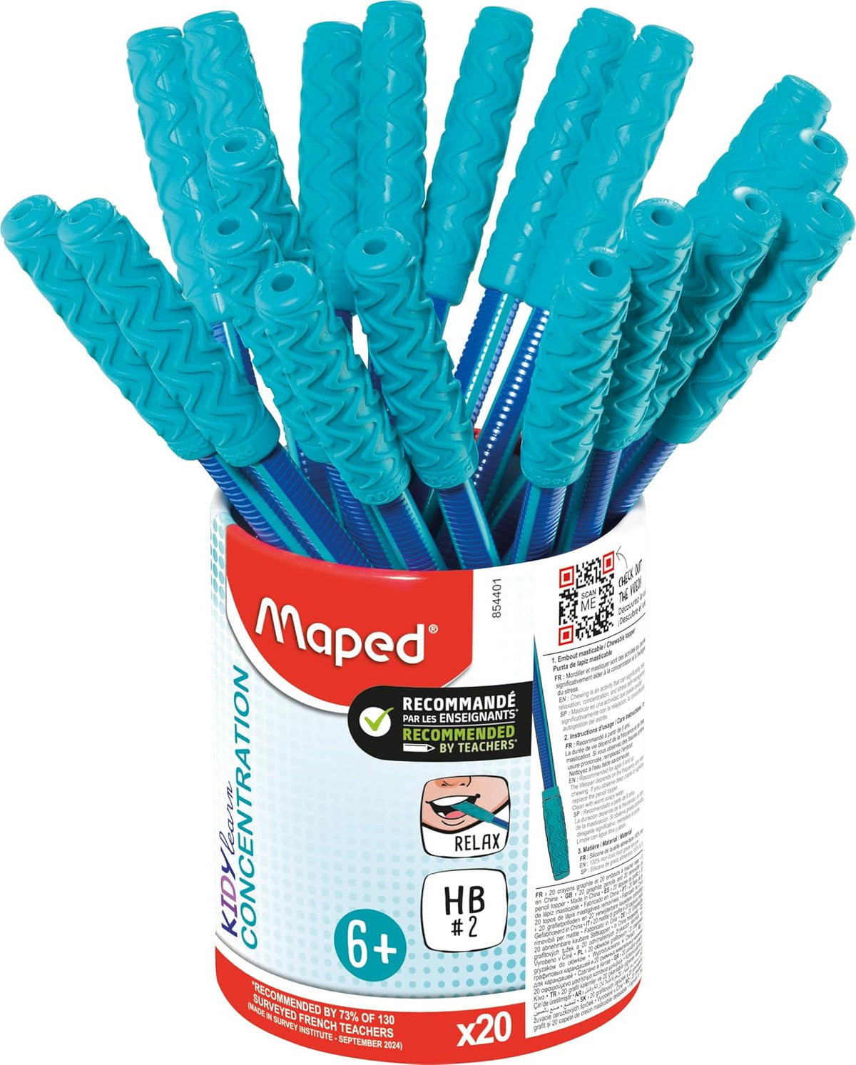 Maped Kidy Learn Concentration - 20 lápices ergonómicos de grafito con punta relajante para masticar - Recambio HB2 - Barril texturizado con mango