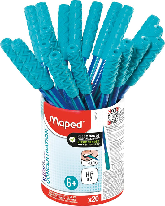 Maped Kidy Learn Concentration - 20 lápices ergonómicos de grafito con punta relajante para masticar - Recambio HB2 - Barril texturizado con mango