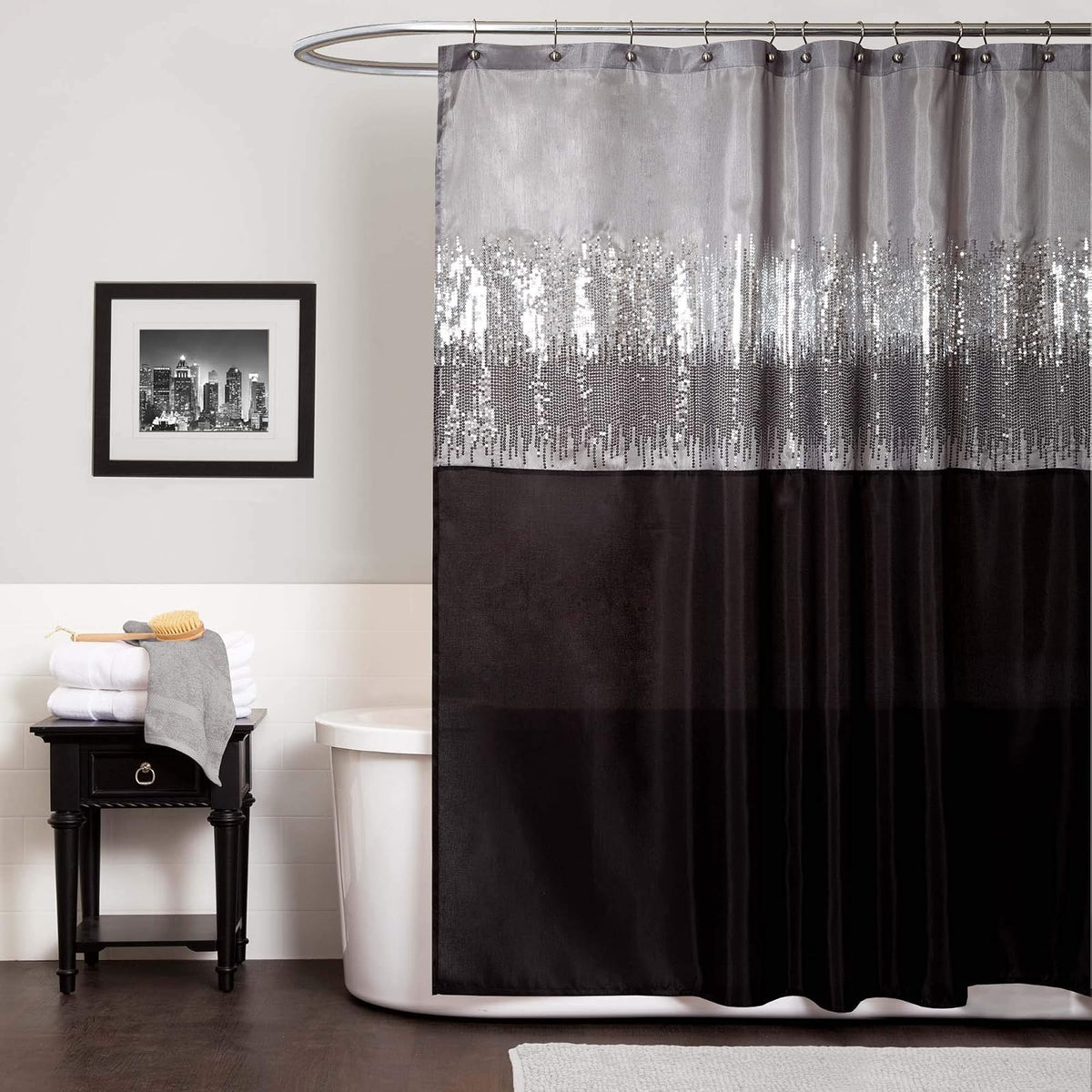 Lush Decor Night Sky - Cortina de Ducha Individual, 72 Pulgadas de Ancho x 72 Pulgadas de Largo, Negro y Gris, Cortina de Ducha de Lentejuelas, Cortina de baño con Bloques de Color Brillante, - Negro y gris
