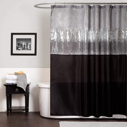 Lush Decor Night Sky - Cortina de Ducha Individual, 72 Pulgadas de Ancho x 72 Pulgadas de Largo, Negro y Gris, Cortina de Ducha de Lentejuelas, Cortina de baño con Bloques de Color Brillante, - Negro y gris