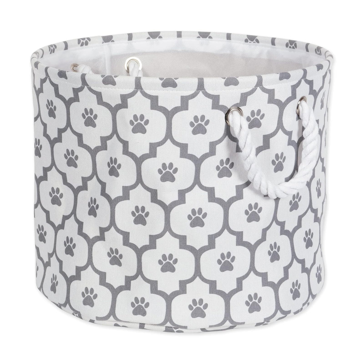 DII Bone Dry Small Round Pet Toy and Accessory Storage Bin, 12"(Dia) x 9"(H), Collapsible Organizer Storage Basket for Home Décor, Pet Toy, Blankets, Leashes and Food-Gray Lattiec Paw Print