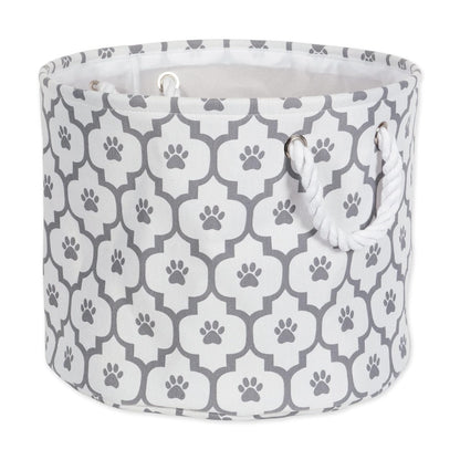 DII Bone Dry Small Round Pet Toy and Accessory Storage Bin, 12"(Dia) x 9"(H), Collapsible Organizer Storage Basket for Home Décor, Pet Toy, Blankets, Leashes and Food-Gray Lattiec Paw Print