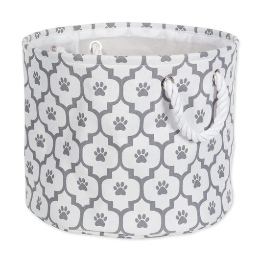 DII Bone Dry Small Round Pet Toy and Accessory Storage Bin, 12"(Dia) x 9"(H), Collapsible Organizer Storage Basket for Home Décor, Pet Toy, Blankets, Leashes and Food-Gray Lattiec Paw Print