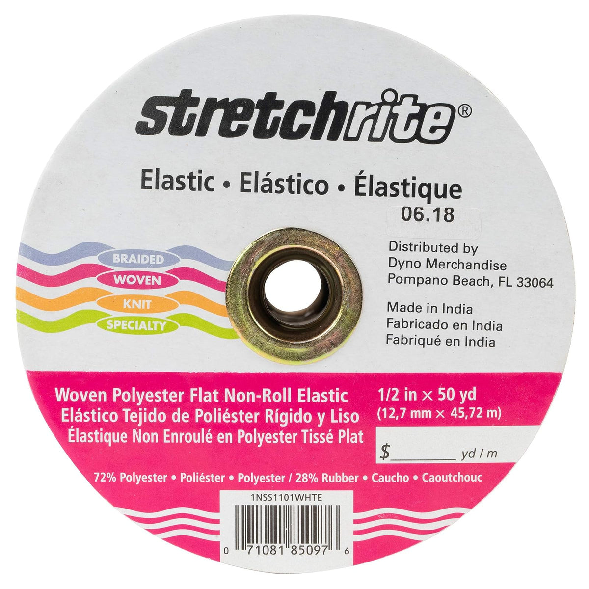 Stretchrite 1NSS1101WHTE Bobina elástica de poliéster Tejida Plana de 1/2 x 50 Yardas, Color Blanco